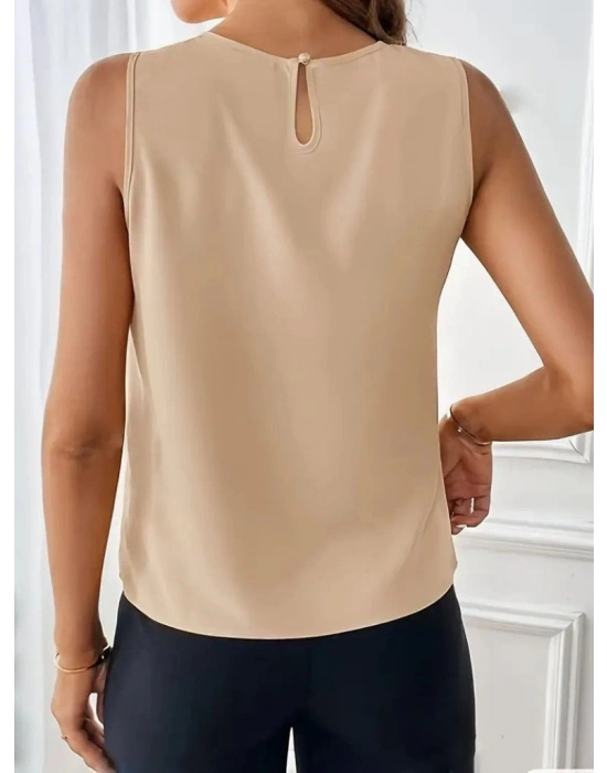 Kadın Sıfır Kollu Bisiklet Yaka önden Pileli Ithal Krep Bluz