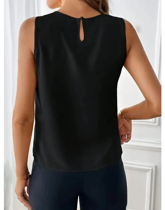 Kadın Sıfır Kollu Bisiklet Yaka önden Pileli Ithal Krep Bluz