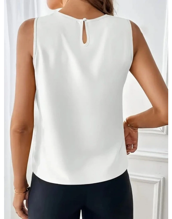 Kadın Sıfır Kollu Bisiklet Yaka önden Pileli Ithal Krep Bluz