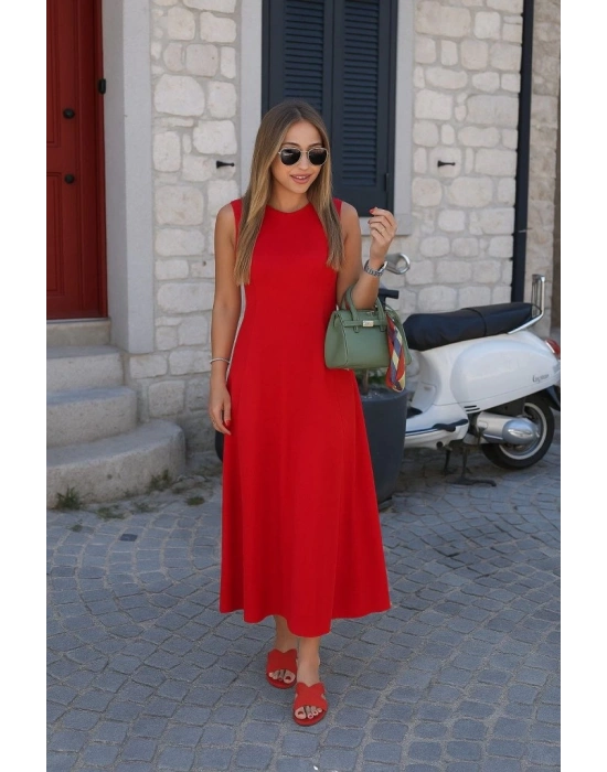 Kadın Sıfır Kollu Bisiklet Yaka Viskon Elbise