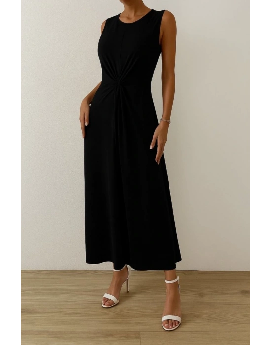 Kadın Sıfır Kollu Bisiklet Yaka Yandan Büzgü Detaylı Viskon Elbise