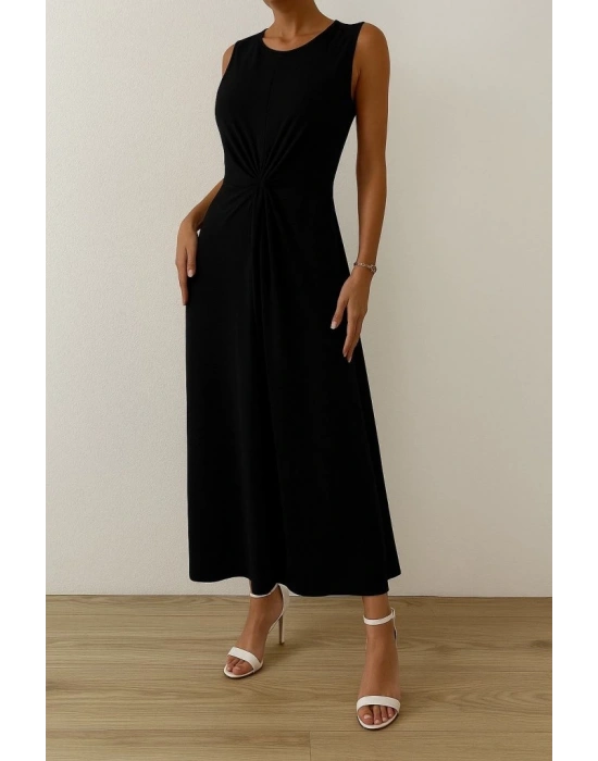 Kadın Sıfır Kollu Bisiklet Yaka Yandan Büzgü Detaylı Viskon Elbise