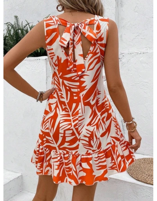 Kadın Sıfır Kollu Bisiklet Yakalı Fırfırlı Desenli Sofya Elbise