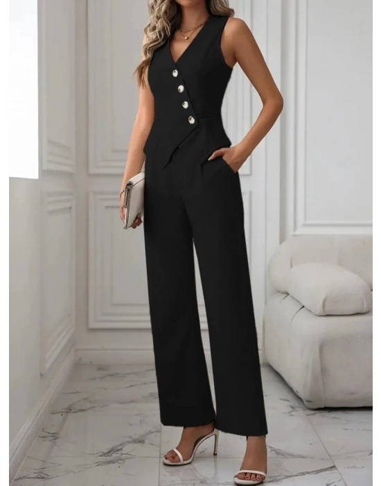 Kadın Sıfır Kollu çapraz V Yakalı önden Düğmeli Atlas Yelek Ve Pantolon Ikili Takım