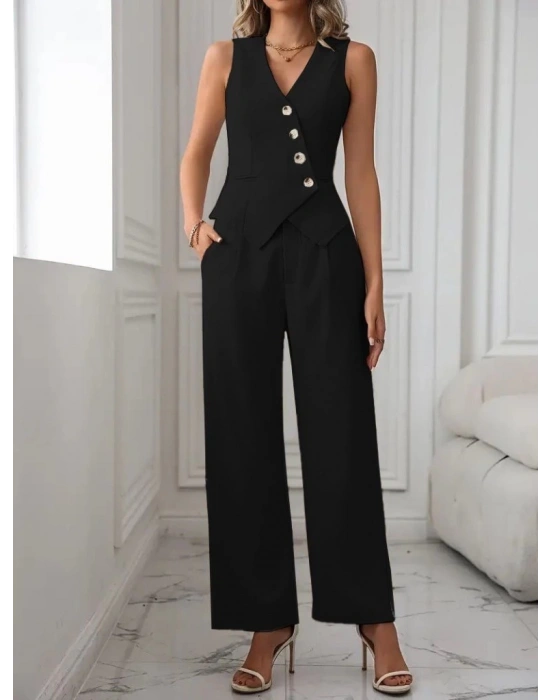 Kadın Sıfır Kollu çapraz V Yakalı önden Düğmeli Atlas Yelek Ve Pantolon Ikili Takım