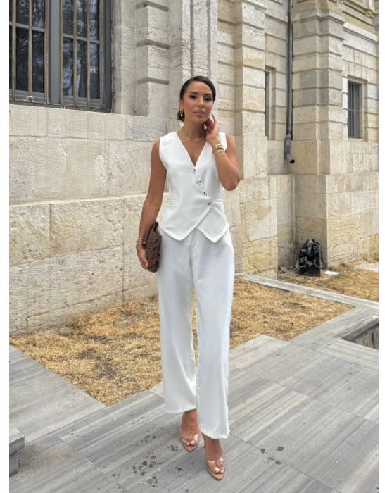 Kadın Sıfır Kollu çapraz V Yakalı önden Düğmeli Atlas Yelek Ve Pantolon Ikili Takım