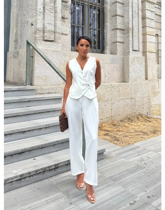 Kadın Sıfır Kollu çapraz V Yakalı önden Düğmeli Atlas Yelek Ve Pantolon Ikili Takım