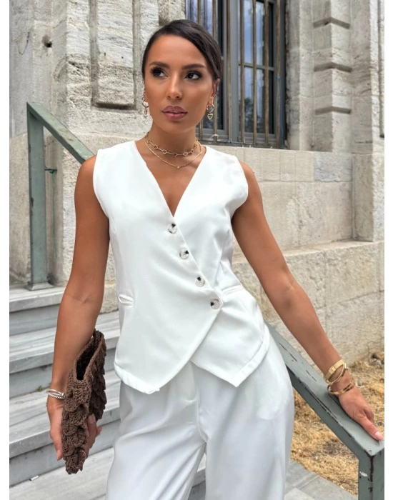 Kadın Sıfır Kollu çapraz V Yakalı önden Düğmeli Atlas Yelek Ve Pantolon Ikili Takım