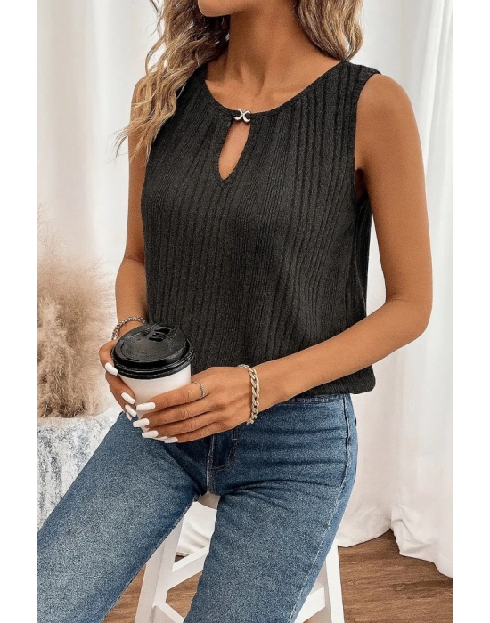 Kadın Sıfır Kollu Düğmeli Damla Yaka Detaylı Triko Bluz