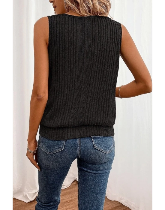 Kadın Sıfır Kollu Düğmeli Damla Yaka Detaylı Triko Bluz