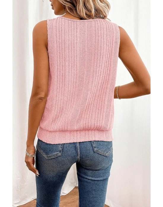 Kadın Sıfır Kollu Düğmeli Damla Yaka Detaylı Triko Bluz