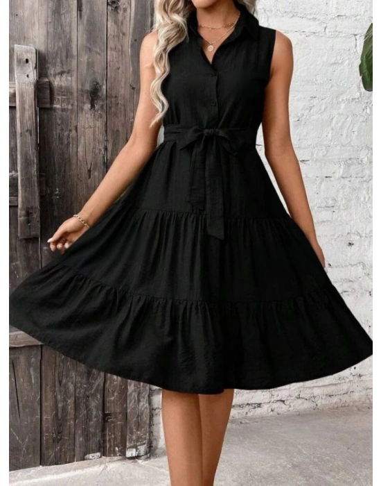 Kadın Sıfır Kollu Gömlek Yaka Düğmeli Beli Kuşaklı Katlı Dokuma Midi Elbise