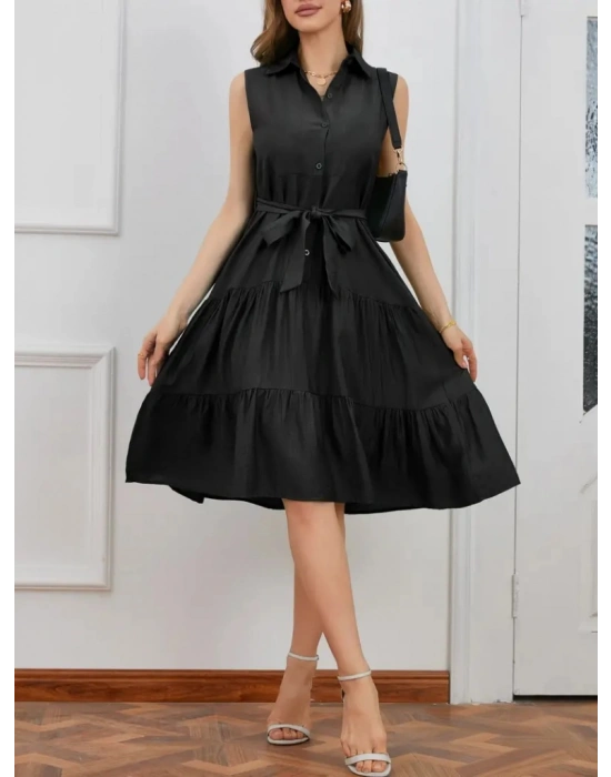 Kadın Sıfır Kollu Gömlek Yaka Düğmeli Beli Kuşaklı Katlı Dokuma Midi Elbise