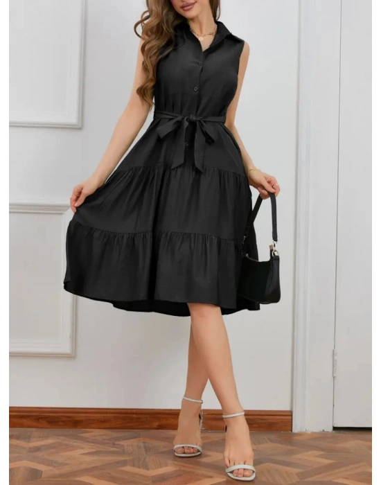 Kadın Sıfır Kollu Gömlek Yaka Düğmeli Beli Kuşaklı Katlı Dokuma Midi Elbise