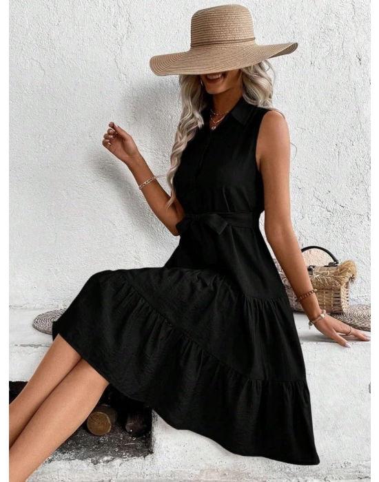 Kadın Sıfır Kollu Gömlek Yaka Düğmeli Beli Kuşaklı Katlı Dokuma Midi Elbise