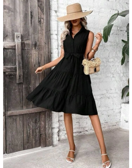 Kadın Sıfır Kollu Gömlek Yaka Düğmeli Beli Kuşaklı Katlı Dokuma Midi Elbise