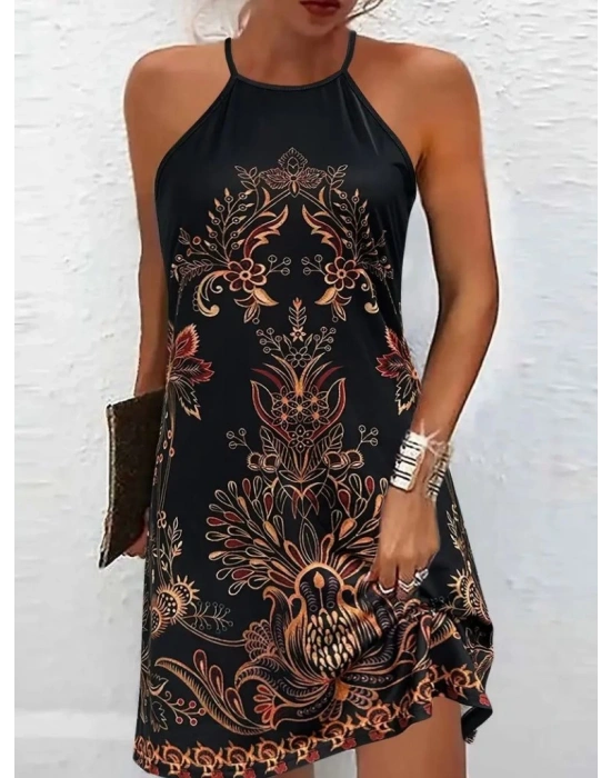 Kadın Sıfır Kollu Halter Yakalı Desenli Süprem Elbise