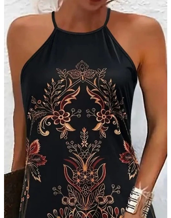 Kadın Sıfır Kollu Halter Yakalı Desenli Süprem Elbise