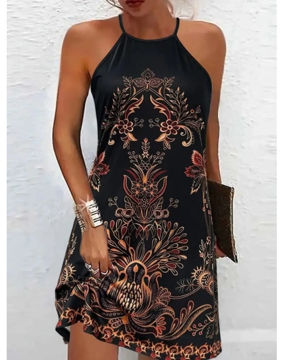 Kadın Sıfır Kollu Halter Yakalı Desenli Süprem Elbise