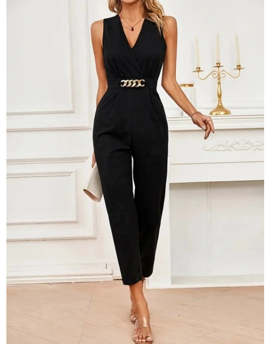 Kadın Sıfır Kollu Kruvaze Detaylı Ithal Krep Tulum