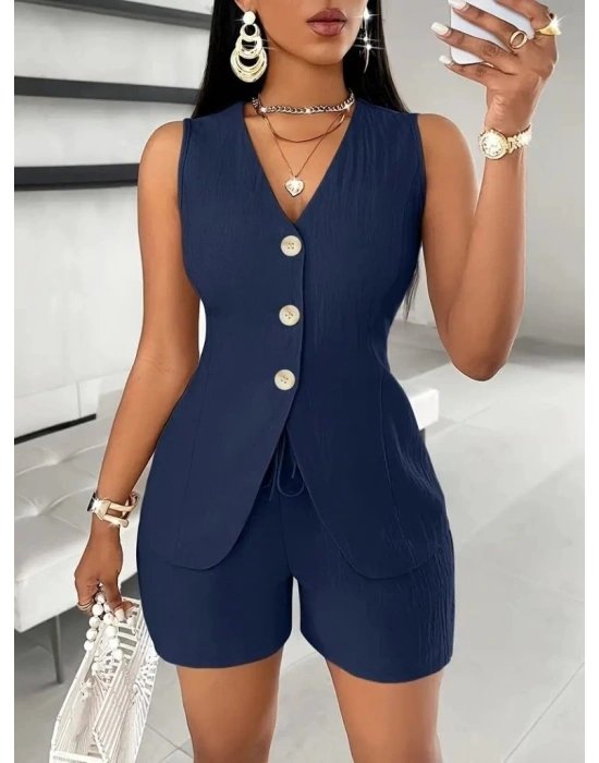 Kadın Sıfır Kollu önden Düğmeli Ithal Krep Ceket Ve Short Ikili Takım