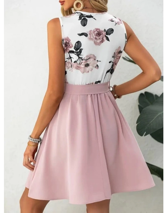 Kadın Sıfır Kollu V Yakalı çiçek Baskılı Beli Kuşaklı Dalgıç Elbise