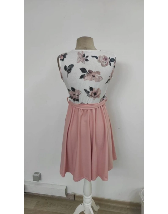 Kadın Sıfır Kollu V Yakalı çiçek Baskılı Beli Kuşaklı Dalgıç Elbise