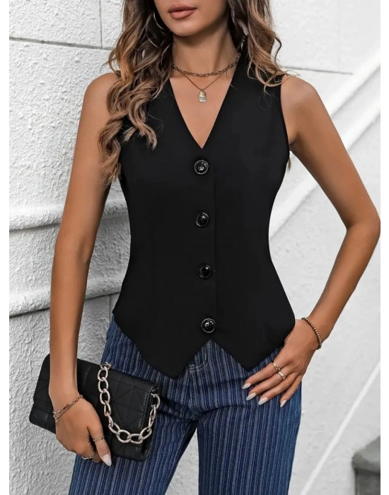 Kadın Sıfır Kollu V Yakalı önden Düğmeli Atlas Yelek