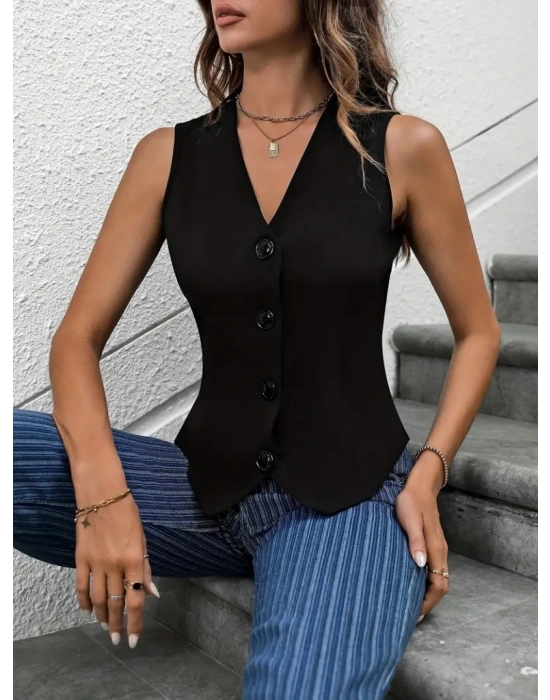 Kadın Sıfır Kollu V Yakalı önden Düğmeli Atlas Yelek