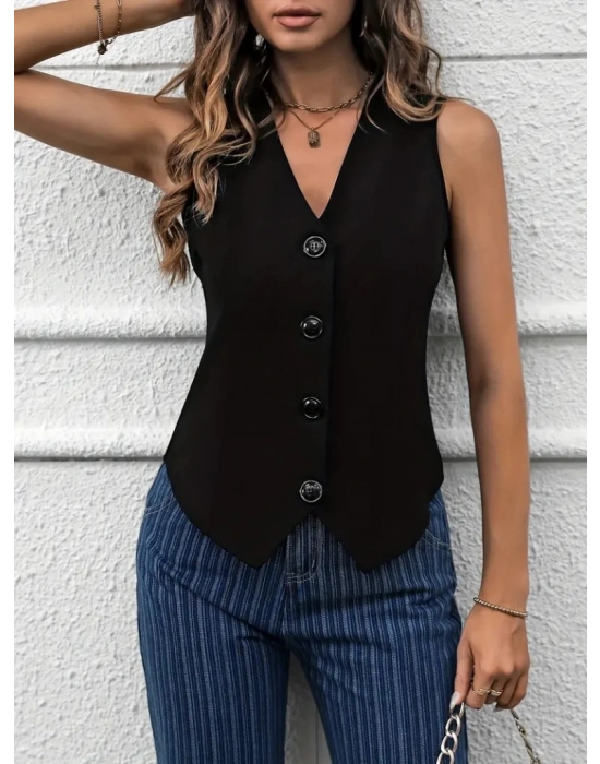 Kadın Sıfır Kollu V Yakalı önden Düğmeli Atlas Yelek