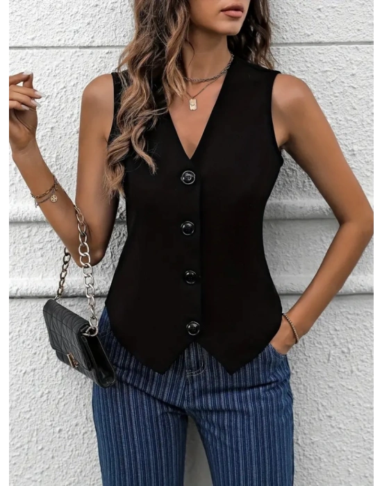 Kadın Sıfır Kollu V Yakalı önden Düğmeli Atlas Yelek