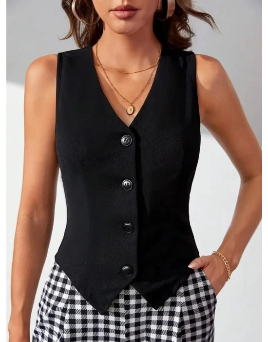 Kadın Sıfır Kollu V Yakalı önden Düğmeli Atlas Yelek