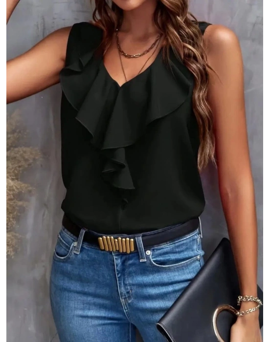 Kadın Sıfır Kollu V Yakalı Volanlı Ithal Krep Bluz