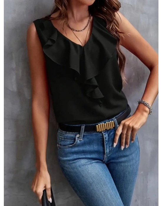 Kadın Sıfır Kollu V Yakalı Volanlı Ithal Krep Bluz