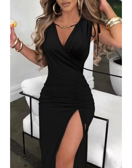 Kadın Sıfır Kollu V Yakalı Yırtmaç Detaylı Beli Büzgülü Omuzdan Bağcıklı Sandy Maxi Elbise