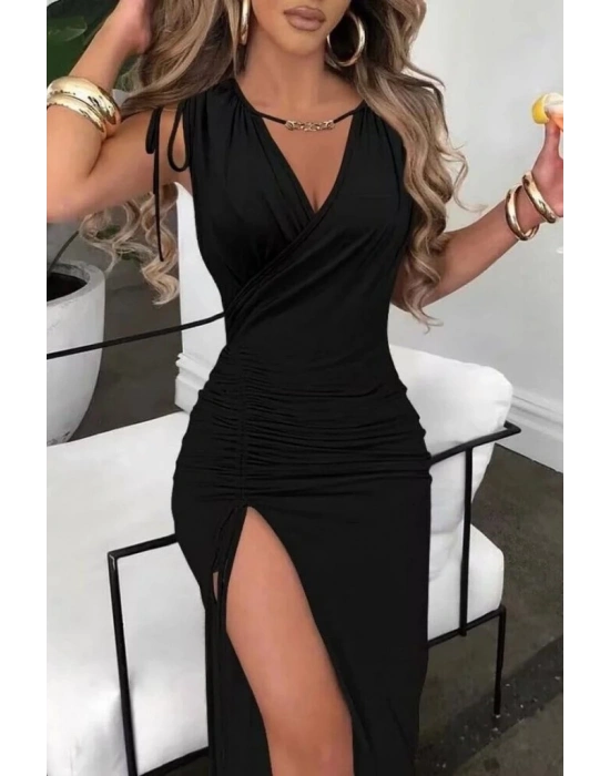 Kadın Sıfır Kollu V Yakalı Yırtmaç Detaylı Beli Büzgülü Omuzdan Bağcıklı Sandy Maxi Elbise