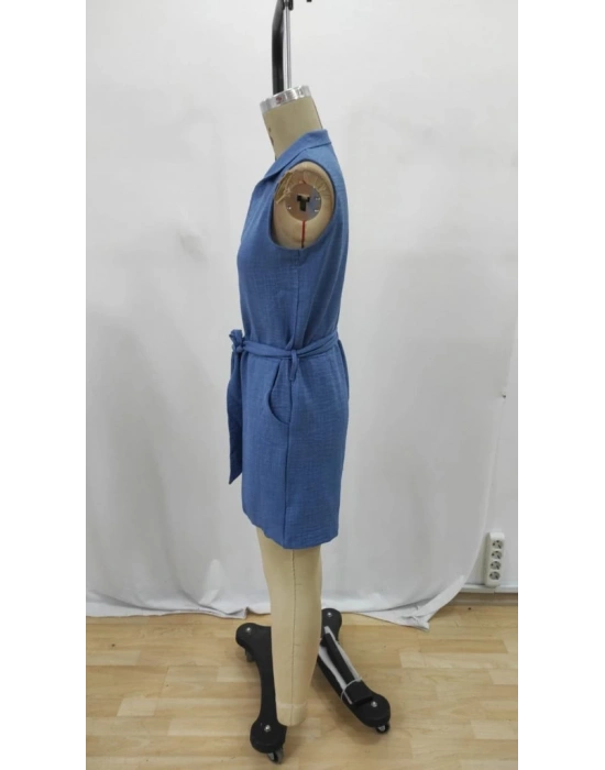 Kadın Sıfır Kollu Yakalı Düğmeli Belden Kuşaklı Kısa Keten Tulum