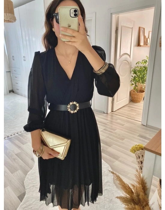 Kadın şifon Kumaş Astalı Kloş Kesim Kruvaze Yaka idi Boy Elbise