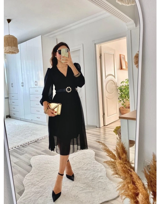 Kadın şifon Kumaş Astalı Kloş Kesim Kruvaze Yaka idi Boy Elbise