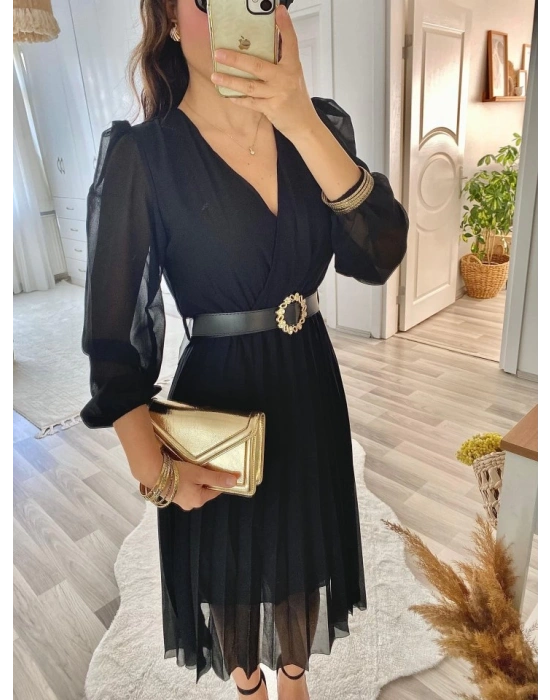 Kadın şifon Kumaş Astalı Kloş Kesim Kruvaze Yaka idi Boy Elbise