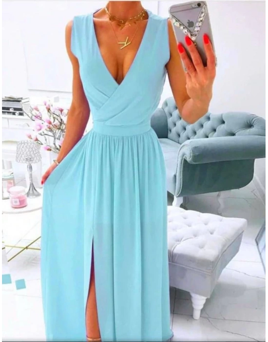 Kadın şifon Kumaş V Yaka ıfır Kol Maxi Boy Elbise