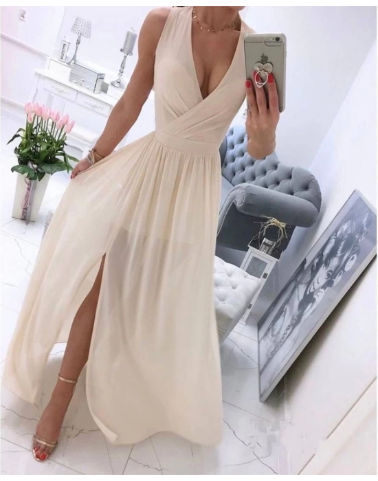 Kadın şifon Kumaş V Yaka ıfır Kol axi Boy Elbise