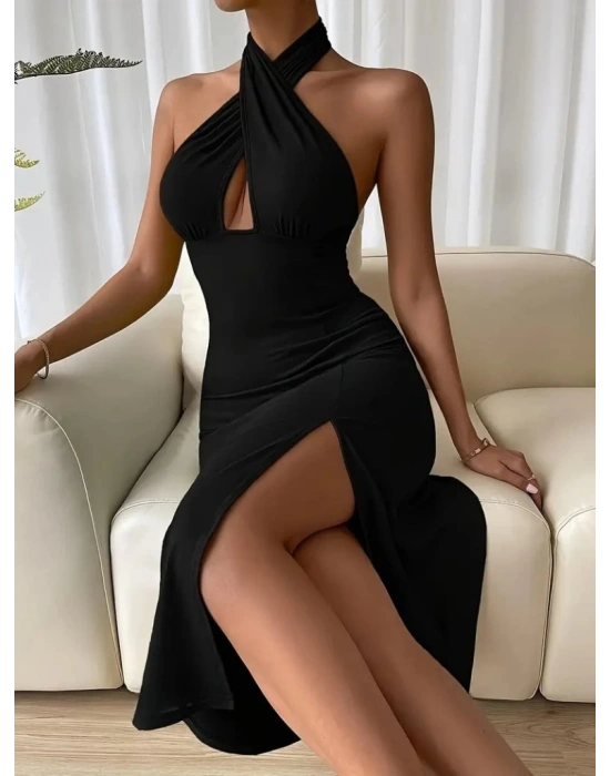 Kadın Sırt Dekolteli Boyun çapraz Yakalı Yırtmaç Detay Midi Sandy Elbise