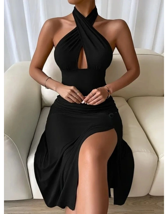 Kadın Sırt Dekolteli Boyun çapraz Yakalı Yırtmaç Detay Midi Sandy Elbise