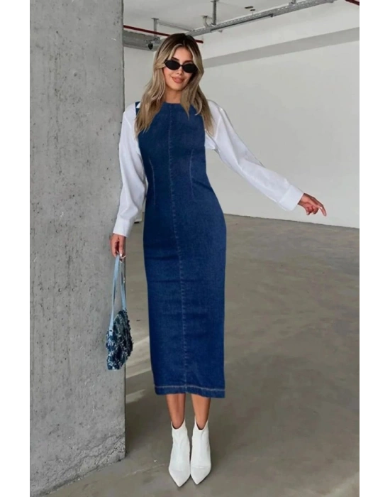 Kadın Sırt Fermuar Detay Sıfır Kol Likralı Kot Elbise