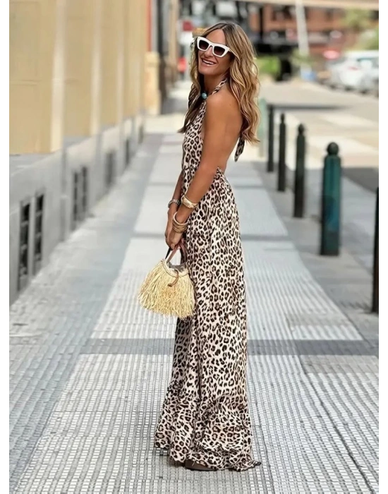 Kadın Sırtı Açık Yuvarlak Yaka Eteği Fırfırlı Leopar Desenli Süprem Elbise