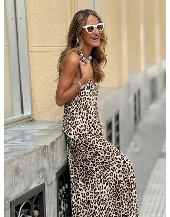 Kadın Sırtı Açık Yuvarlak Yaka Eteği Fırfırlı Leopar Desenli Süprem Elbise
