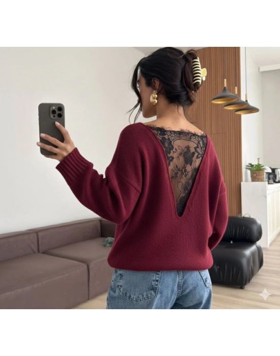 Kadın Sırtı Dantel Transparan Detay Triko Kazak