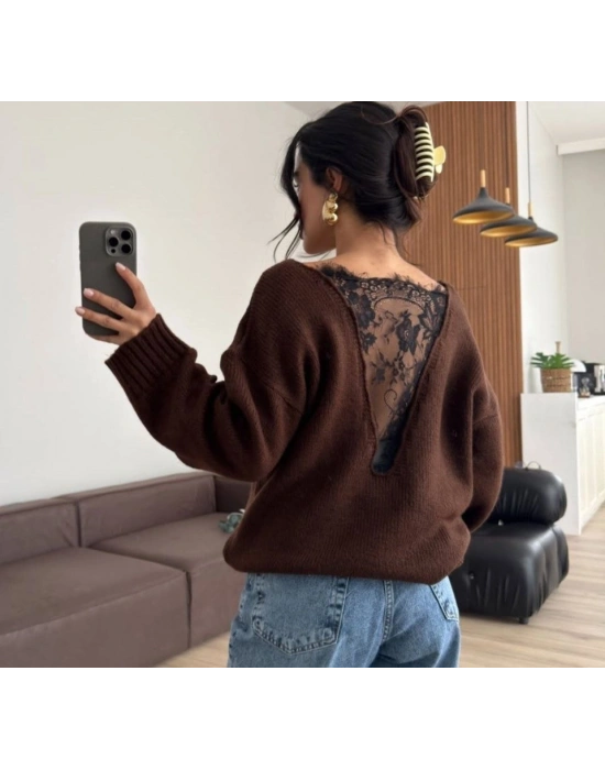 Kadın Sırtı Dantel Transparan Detay Triko Kazak