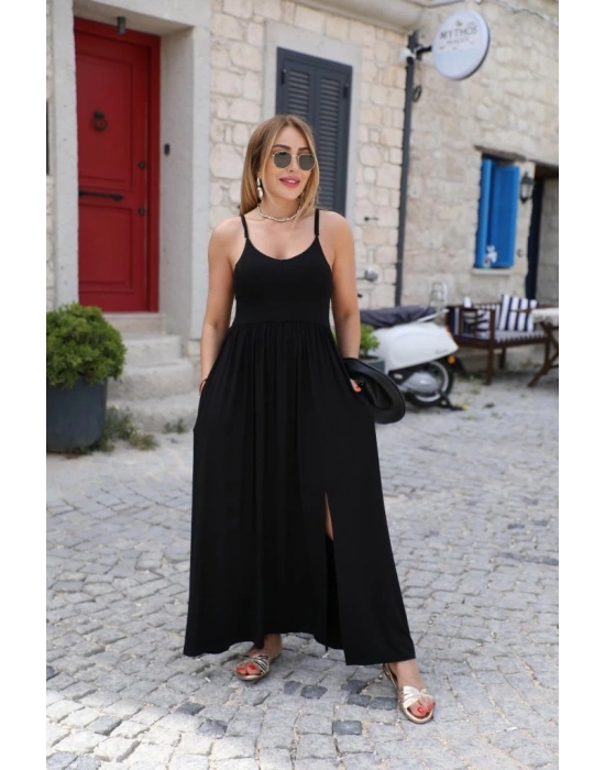 Kadın Sırttan çapraz Bağcıklı Yırtmaçlı Cepli Viskon Elbise